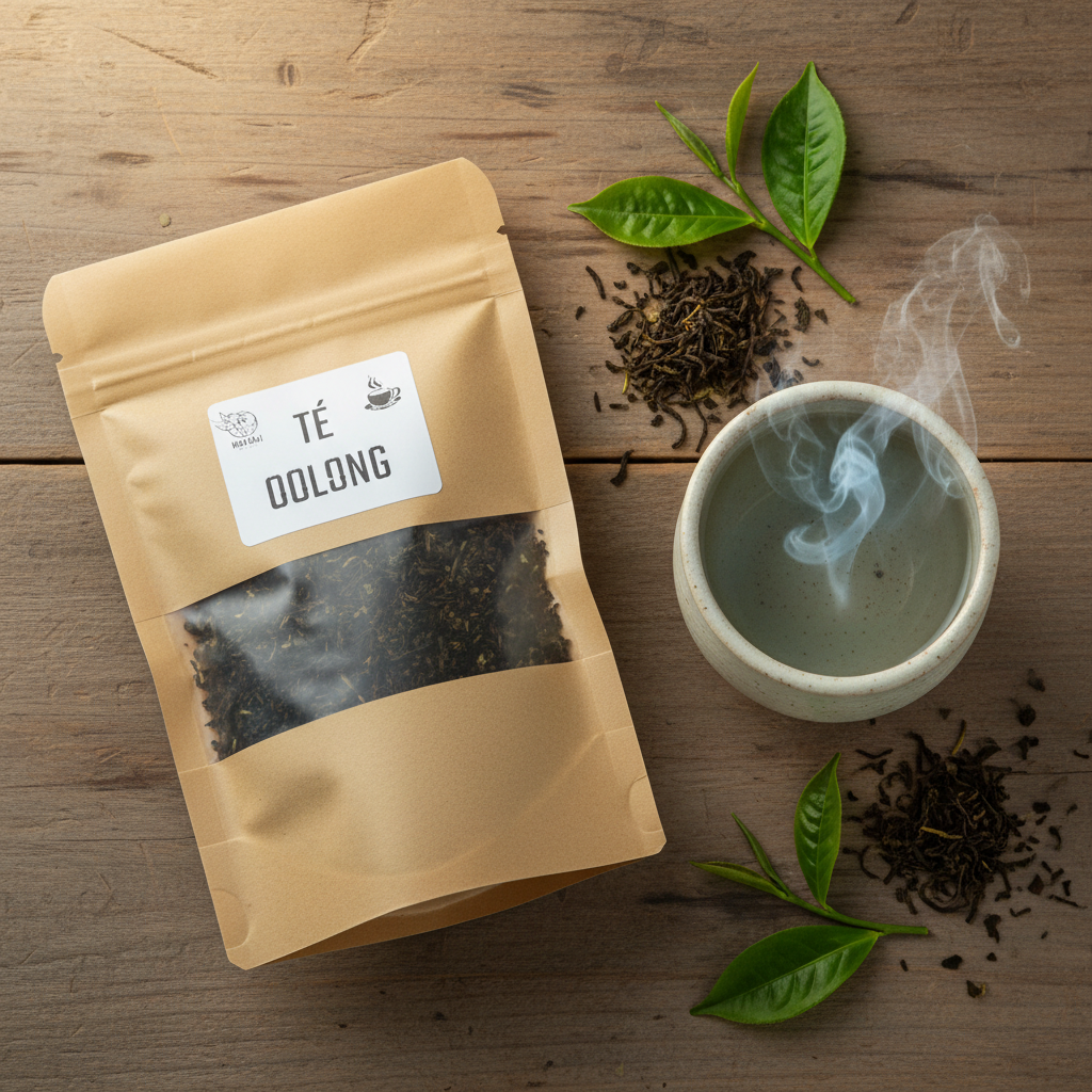 Té Oolong con taza de té sobre madera natural