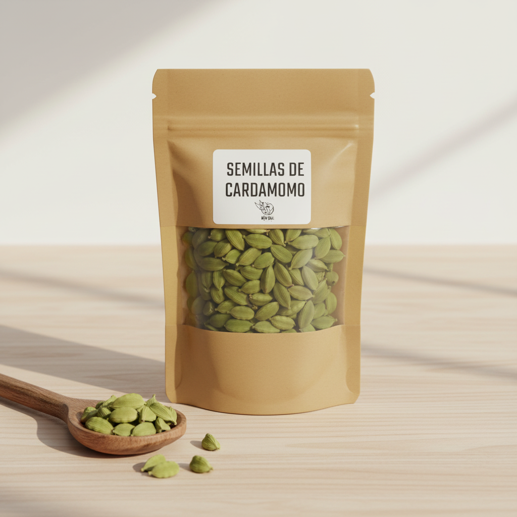 Semillas de cardamomo en bolsa kraft con cuchara sobre madera